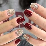 Cosblisvia 24 pièces ongles à presser, ongles autocollants, ongles à presser courts, ongles en gel carré pour femmes, filles, fête, Noël, Nouvel An (Rouge Or)