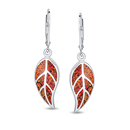 Red Brown Earth Tones Created Opal Inlay Leverback Nature Leaf Dangle Drop Earrings For Women 925 Sterling Silver