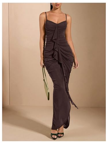 Image of Floerns Women's Ruffle Ruched Cami Dress Draped Split Elegant Bodycon Maxi Dresses