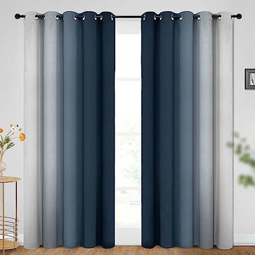 Image of SimpleHome Ombre Navy Blue to Grey White Curtains for Living Room 62Wx96L | Room Darkening Curtains for Bedroom,Gradient Light Blocking Curtain,Thermal Insulated Grommet Window Drapes,2 Panels,96 Inch