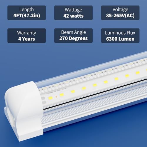 SUSLUM 4-Pack T8 LED Shop Light 4FT, 42W 6300 Lumen 6000K Cool White, 4 Years Warranty, Linkable and Plug and Play Lights for Garage Ceiling Workshop Commercial Lighting