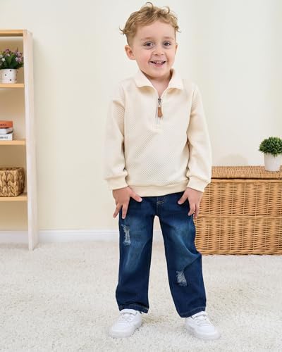 Baby Toddler Boy Clothes Fall Winter Boys Outfits Quarter Zip Pullover Sweatshirt Jeans Denim Pants Sweatsuit Set3