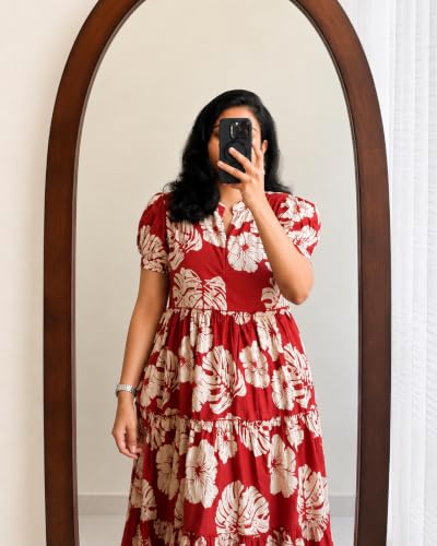 Image of Women's Rayon A-Line Midi Dress, Floral Print, Short Sleeves, Tiered Design, Round Neck, for Summer Wear