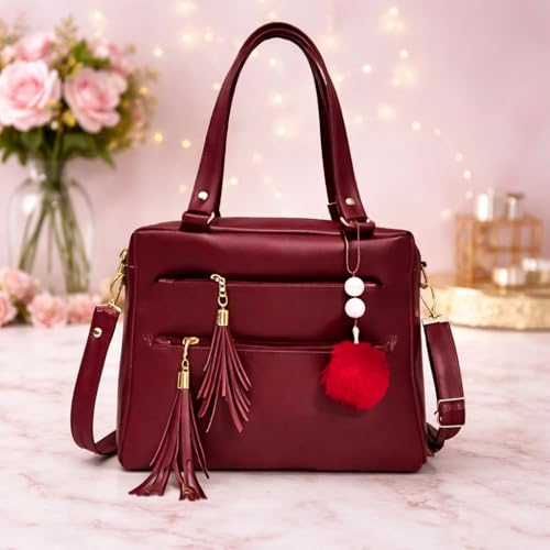 Image of Women's Handbag with Tassel and Pom-Pom Charm | fancy sling bag for women | ladies purse for office