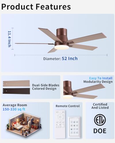 Image of Rayqueen 52 Inch Brown Flush Mount Ceiling Fans with Lights and Remote