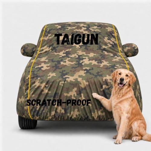 Image of Waterproof Car Cover for Taigun | Soft Cotton Lining Heavy Duty Triple Stitched Heat Resistant Outdoor Cover Comes with Mirror and Antenna Pocket Full Bottom Elastic (Zig Zag Jungle)