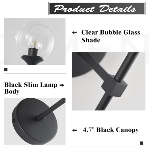Image of KCO Lighting Matte Black Industrial Wall Sconces Set of Two 1-Light Mid Century Bathroom Wall Mounted Light Sconce Modern Clear Bubble Glass Globe Wall Sconce Lamp Set of 2