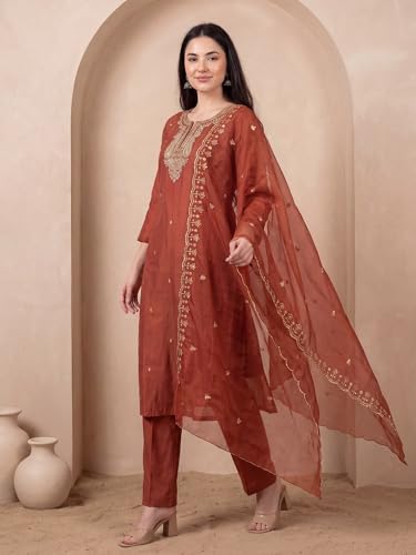 Image of INDO ERA Women's Silk Blend Paisley Embroidered Zari Work Kurta & Pant with Dupatta Set (IEBBAI389)