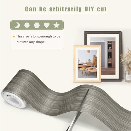 Image of Grey Colour Wood Border Wallpaper Peel and Stick Wooden Contact Paper for Countertops Border, Wall Corners Stickers and Wall Decor Waterproof Self Adhesive 4x144 Inch