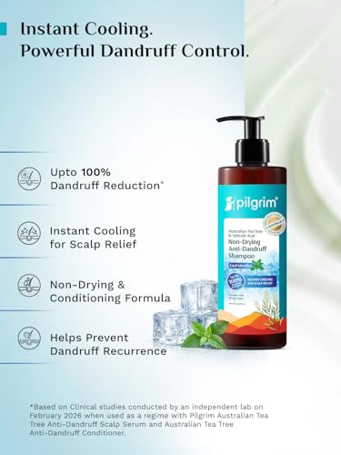 Image of Pilgrim Australian Tea Tree & Salicylic Acid Anti-Dandruff Shampoo with Cool Menthol | Up to 100% Dandruff Reduction*| Soothes Itchy Scalp | Non-Drying Formula | All Hair Types | For Men & Women (400ml - Pack of 2)