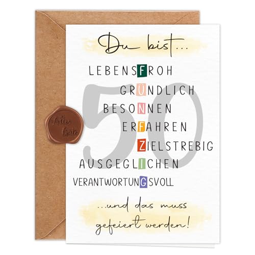 Giftota Karte 50 Geburtstag Frau Mann (A6 Klappkarte mit Umschlag & Wachssiegel) Schöne Geschenkkarte zum 50. Geburtstag mit besonderen Designs 50. Grußkarten für Freunde Geliebte und Eltern