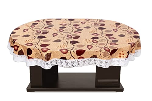 Stylista Waterproof Oval Centre Table Cover WxL 40x60 Inches with White Border lace Petals Pattern Yellow