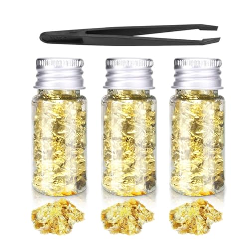 AEIOPRS Pan de Oro 3 Copos de Oro Lámina Decorativa con Pinza Hojas de Oro para Manualidades para Decoración de Uñas Funda de Teléfono Móvil y Fabricación de Joyas de Resina Oro
