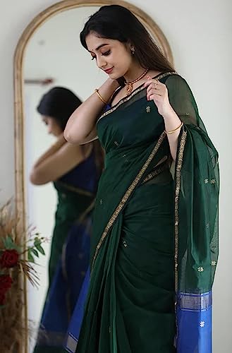 Image of SGF11 Women's Kanjivaram Soft Cotton Linen Silk Saree With Blouse Piece (Green Blue)