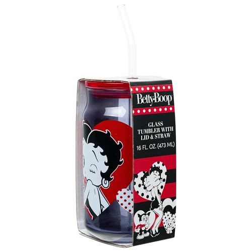 Image of Silver Buffalo Betty Boop Retro Icon, Glass Tumbler with Plastic Lid, 16oz