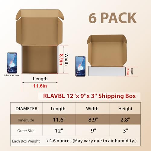 Image of RLAVBL 12x9x3 Shipping Boxes Set of 6, White Corrugated Cardboard Box for Packing, Mailing, Business