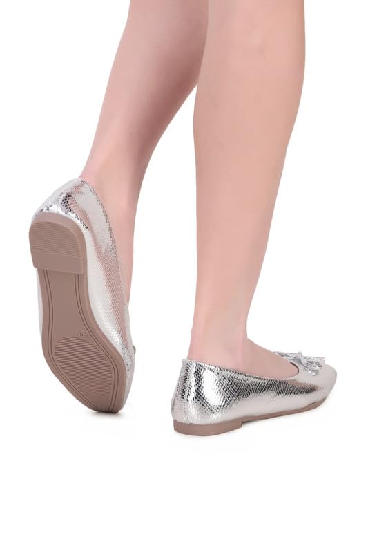 Image of Women's Gold Ballet Flats | Pointed Toe Metallic Dress Shoes with Bow Detail | Comfortable Slip On Flat Shoes for Wedding, Party, Office & Formal Events