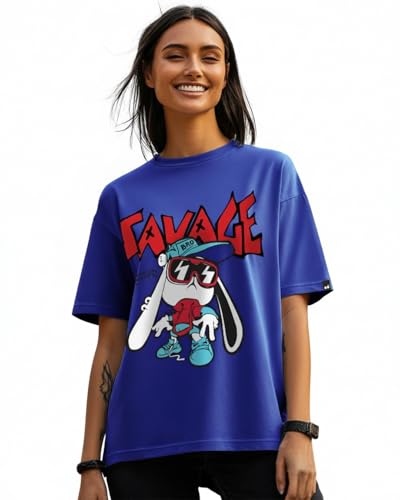Image of Bewakoof Women's Being Savage Graphic Printed Oversized Cotton T-Shirt Oversized Fit, Round Neck, Half Sleeves