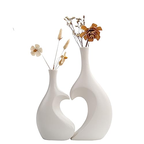 White Ceramic Vase Set of 2,Heart Shaped vase, Matte Frosted Texture Finish,Farmhouse Decor, Home Decor, Vases for Your Bedroom, Office, Living Room, Bathroom (White)