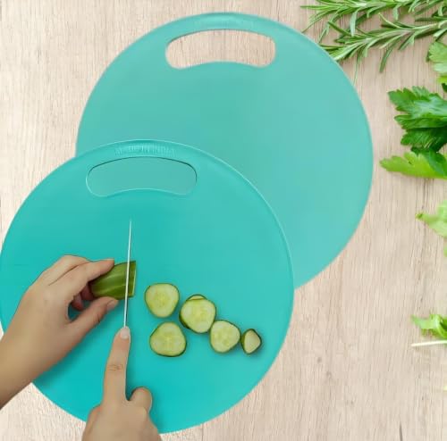 Image of Premium Plastic Round chapping Cutting Board with Handle, Turquoise Blue, 30 cm Diameter, Food Grade Material, Non-Slip Surface AS0005