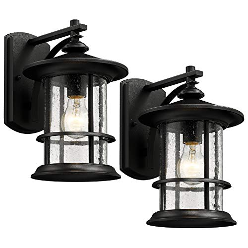 Image of MICSIU 12.5 Inches Vintage Textured Black Outdoor Wall Sconce 2 Pack | Large Exterior Light Fixtures with Clear Seedy Glass, Waterproof Outsize Wall Mount Lantern for House, Porch, Garage