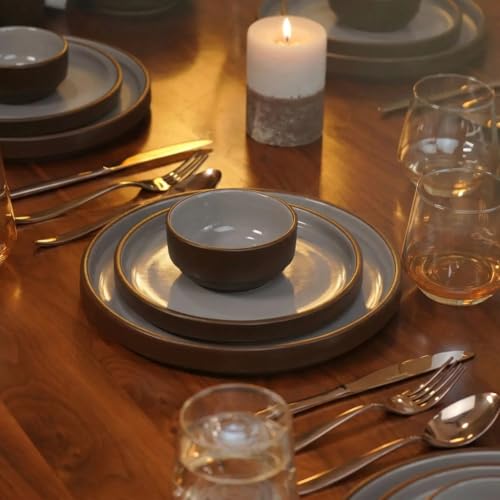 Image of BlackCarrot Handcrafted Brown Ceramic Dinner Set, 20 Pieces Serving for 6, Microwave and Dishwasher Safe, Bone-Ash Free, Dinner Sets | Crockery Set for Gifting & Dining, Black Carrot Bone China Free