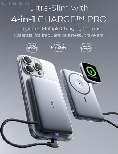 Image of LISEN 0.5'' Ultra Slim MagSafe Power Bank for iPhone and Apple Watch,10000mAh MagSafe Battery Pack,Alloy Magnetic Portable Charger for iPhone 16 Pro Max Plus /15, Apple Watch S11 /S10 S9 SE,Grey