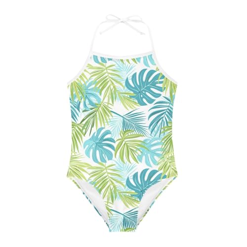 Image of KiuLoam Orange Pink Tropical Leaf Girls One Piece Swimsuit Quick Dry Beach Swim Bathing Suit for 3-8 Years Little Girls