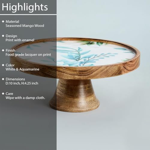 Image of SAAGA Round Wooden Cake Stand | 10 x 4.25 Inch Printed Mango Wood Cake Display Stand for Cakes, Pizza, Desserts & Pastries | White & Aquamarine Decorative Serving Stand for Dining & Entertaining
