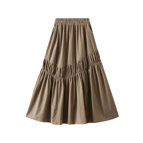 Womens A-Line Midi Skirt Irregular Pleated Skirts Elastic High Waist Paneled Skirt Trendy Casual Loose Skirts