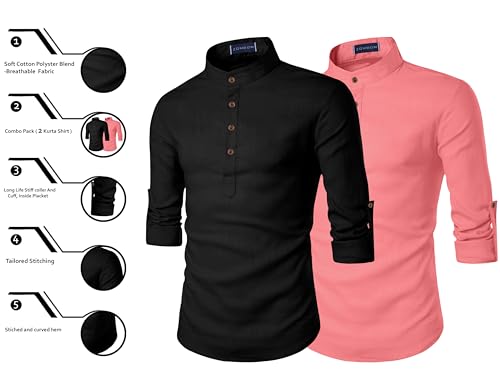 Image of Zombom Men's Combo Cotton Polyester Blend Solid Full Sleeve Straight Regular Fit Mandarin /Chinese Collor Kurta (Pack of 2)