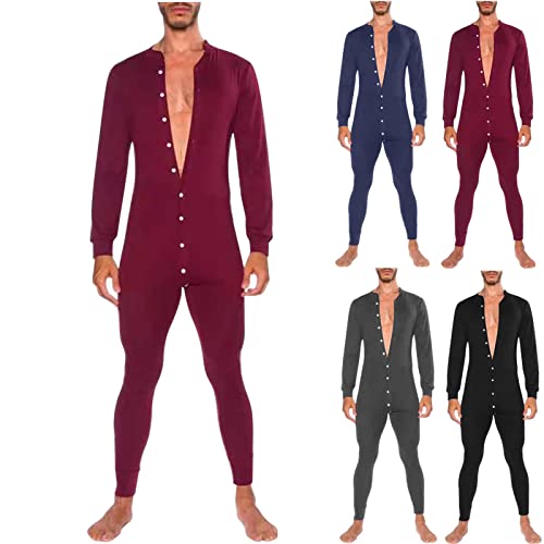 Cambkatl Mens Sexy Flap Butt Onesie One Piece Jumpsuit Pajamas V Neck Long Sleeve Henley Sleepshirt Rompers Novelty Pjs2