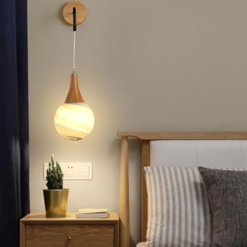 Aplique de pared globo de cristal y madera con cable ajustable para dormitorio 4