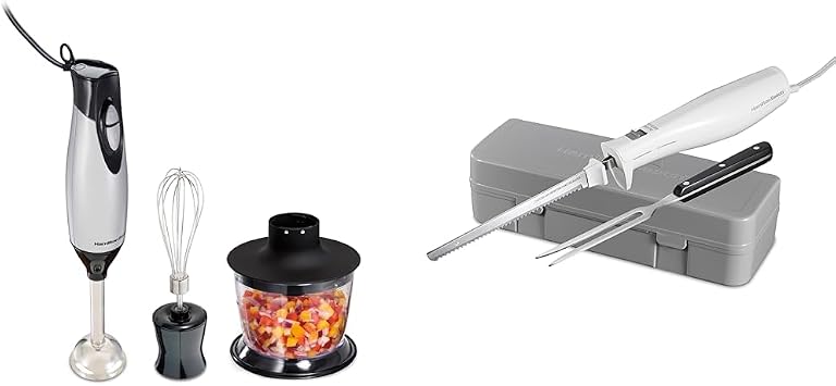 Hamilton Beach 4-in-1 Electric Immersion Hand Blender with Handheld Blending Stick & Electric Knife Set with Reciprocating Serrated Blades, Storage Case, Fork - For Carving Meats, Bread, Foam, More