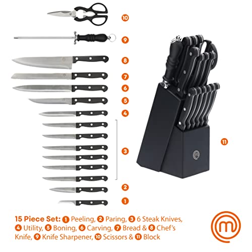 Masterchef Knife Block Set Of Kitchen Knives, Large 15Pc Stainless Steel Cooking Knife Collection Incl. Steak Knives, Cutting Shears & Knife Sharpener With Riveted Handles In A Matte Black Holder #TOP1