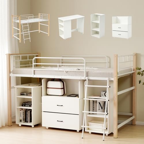 SOFTSEA システムベッド シングル 4点セット 子供用 大人用 ロフトベッド デスク 収納ラック シェルフ 宮 コンセント 一人暮らし 省スペース スチール 耐震 ベッド パイプ 社員寮 学生寮 子供部屋 耐荷重150kg (ホワイト+ナチュラル)