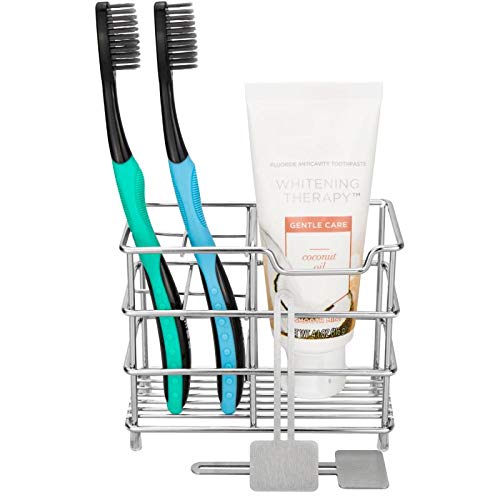 Silver Small Stainless Steel Anti-Rust Bathroom Toothbrush Holder With Multifunctional 5 Slots (1 Toothbrush Holder + 2 Toothpaste Squeezers) #TOP28