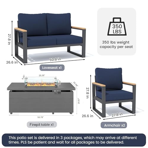 Image of Sundale Outdoor Aluminum Patio Furniture Set, 4 Piece Outdoor Conversation Sets with Fire Pit and 6 inch Thick Olefin Cushions, All Weather Outdoor Sectional Set for Deck, Lawn, Yard (Navy Blue)