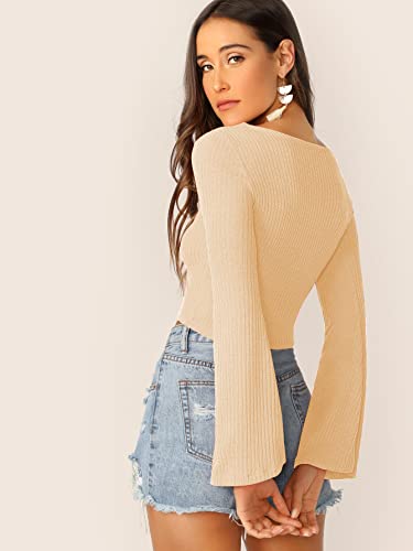 Image of SweatyRocks Women's Adjustable Drawstring String Long Bell Sleeve Rib Knit Sexy Crop Top