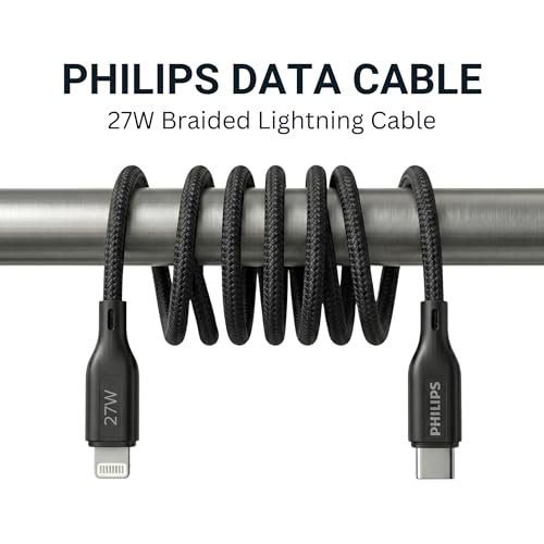 Image of PHILIPS DLC4150LB /94 27W iPhone Original Type-C to Lightning Fast Charging Cable (1.5m, Dark Slate) | MFi Certified | 480Mbps | Nylon Braided | Compatible with iPhone & Other Lightning Devices
