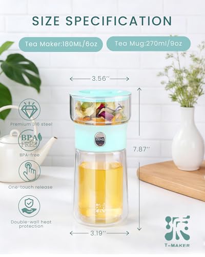 Image of ZENS Modern Glass Tea Infuser Teapot, Smart One Touch Tea Maker for Loose Tea Diffusers with Insulated Mug and Cute Portable Tea Kits for Tea Lover Gifts