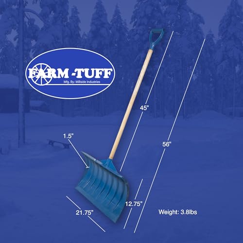 Farm-TUFF Durable Winter Snow Shovel Pusher with Extra Thick Ash Hardwood D-Grip Handle and Large Plastic Non-Stick Plastic Blade for Easy Snow and Ice Removal, Blue, 21.8in