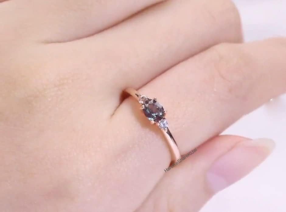 Oval Alexandrite Ring 925 Sterling Silver Rose Gold Vermeil | Color Changing Gemstone Ring for Women | Dainty Three Stone Engagement Ring | June Birthstone Anniversary Jewelry