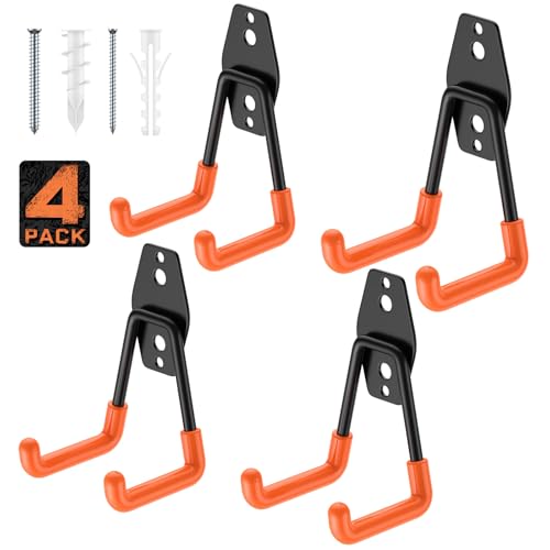 Cpais Garage Hooks with Anti-Slip Coating,Heavy Duty Wall Mount Storage Hooks for Hanging Bike,Hose,Ladder,Yard,Garden Tools (4 Pack Orange 4.5x2.75 inch)