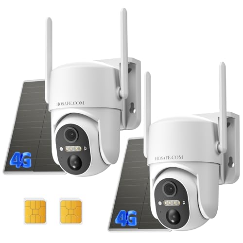 HOSAFE.COM Camera Exterieur sans Fil Solaire 4G, Caméra de Surveillance Extérieur, Audio 2 Voies, 2K, Alarme de Détection de Mouvement, Vision Nocturne en Couleur, étanche, Paquet de 2