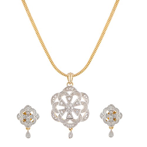 R K FASHION ACCESSORIES Manikya Gold Plated Brass American Diamond Studded Pendant Set for Women