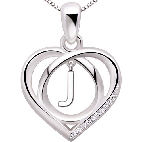 ALOV Jewelry Sterling Silver Initial Letter Alphabet Love Heart Cubic Zirconia Pendant Necklace (J)
