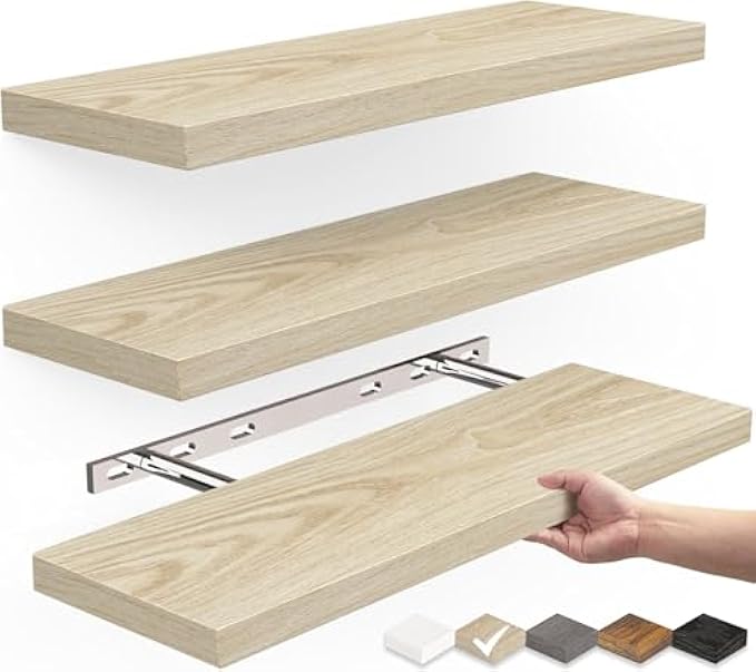 BAYKA Rustic Wood Floating Shelves, Wall Mounted, Set of 3, 16 Inch, 22 lbs Capacity - for Bathroom, Bedroom, Living Room, Kitchen Storage and Decor