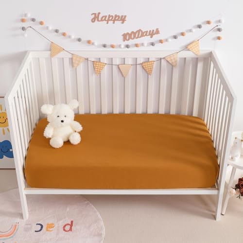 Image of NTBAY 2 Pack Muslin Cotton Crib Sheets, Soft and Breathable Double Layer 28x52 Baby Crib Sheets for Standard Crib and Toddler Mattresses, Boys, Girls, Unisex, Golden Brown, 28x52 Inches
