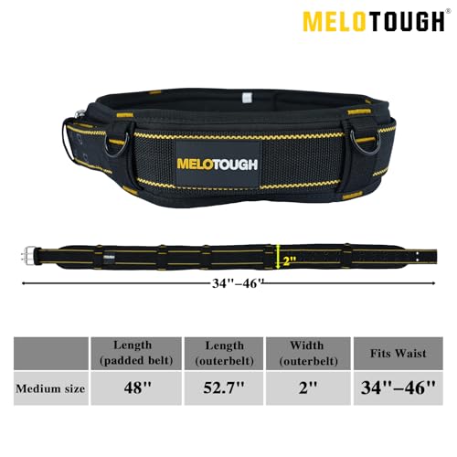 Image of MELOTOUGH 2-Inch Padded Tool Belt with 4 D-Rings Heavy Duty Double Metal Roller Buckle, Adjustable 29 inch-46 inch Waist, Comfort Foam Padding for Construction, Electrician, Carpenter (Black & Yellow, S /M)